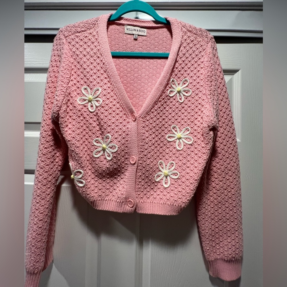 Pink floral design button up cardigan, Size L, excellent condition!